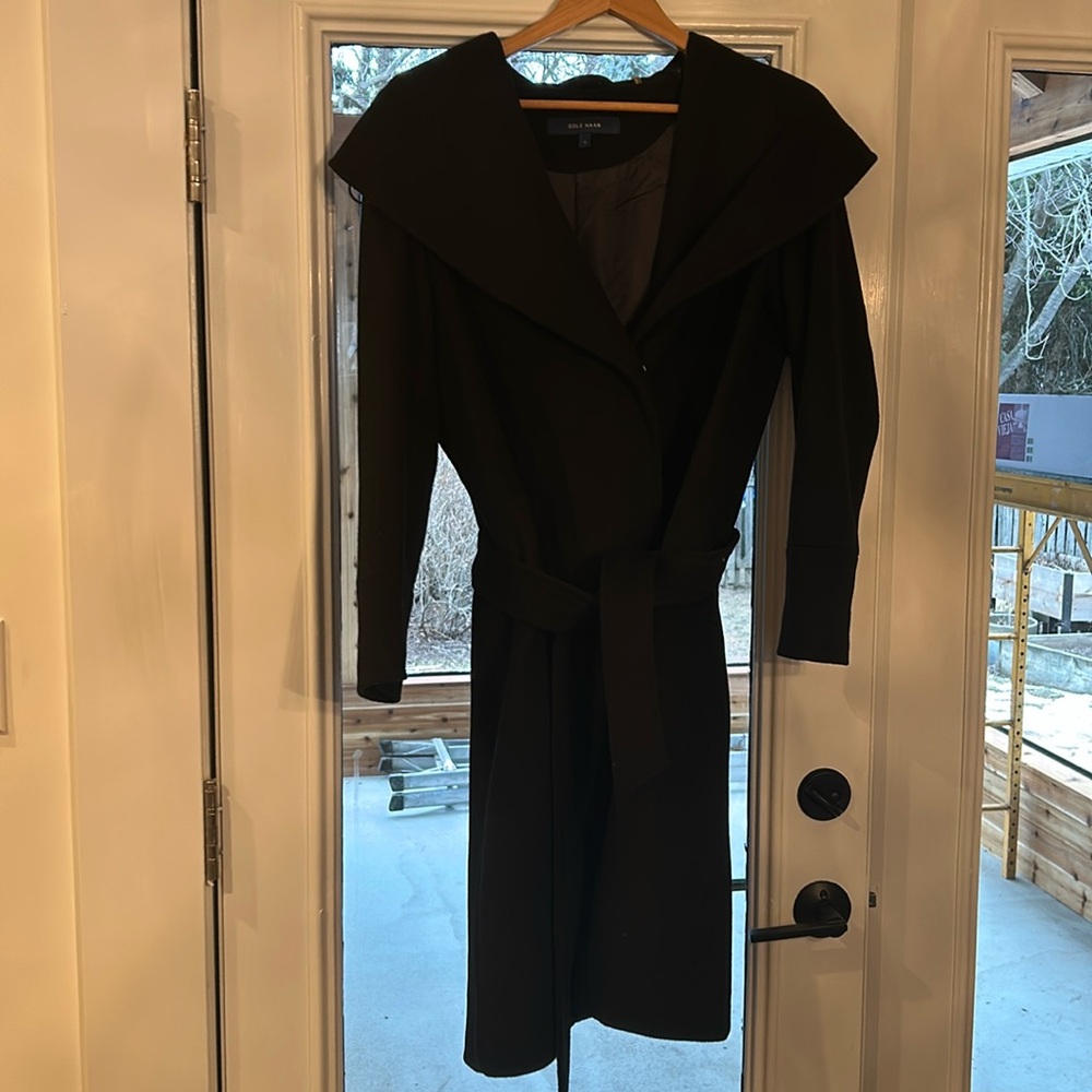 Cole Haan, black wool wrap coat, size 12